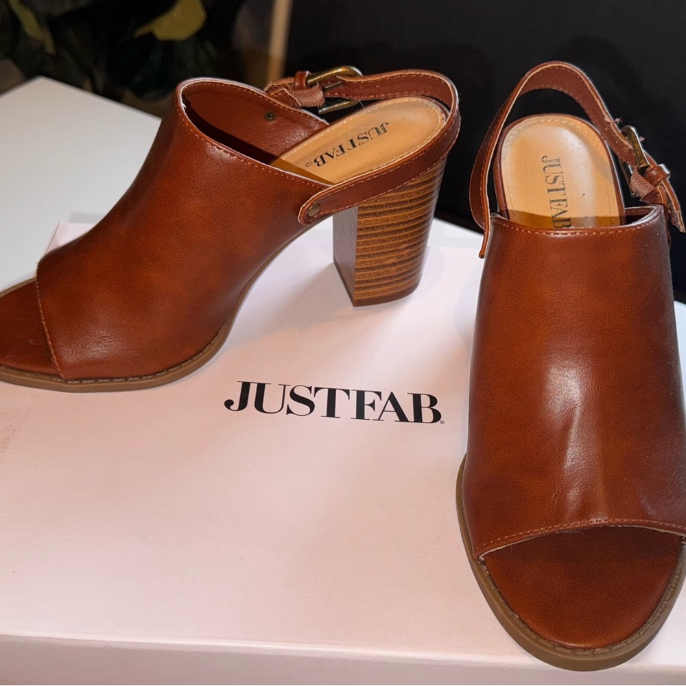 JustFab Brown Leather Mules with Wooden Heel